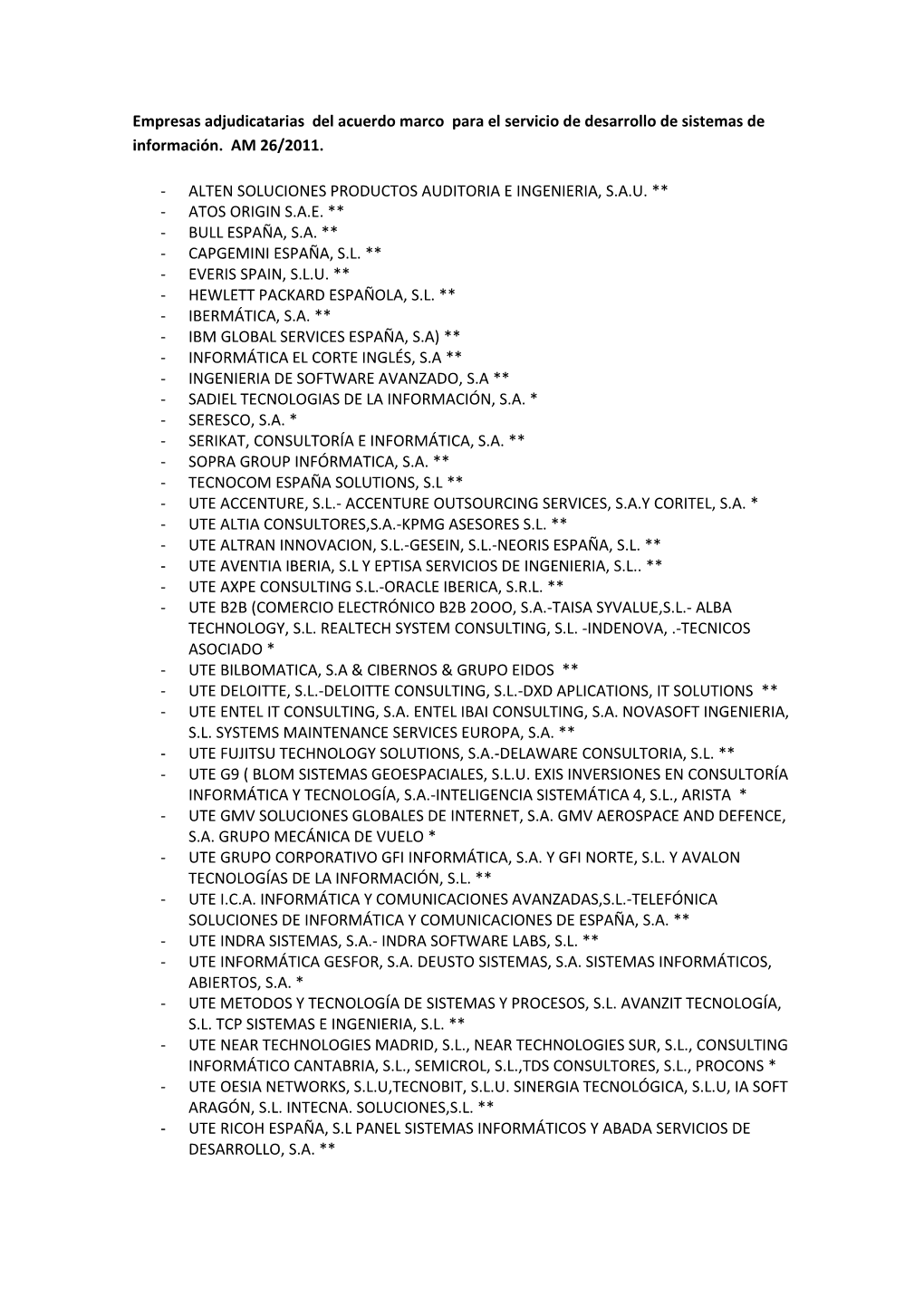 Empresas Adjudicatarias Del Acuerdo Marco Para El Servicio De Desarrollo De Sistemas De Información