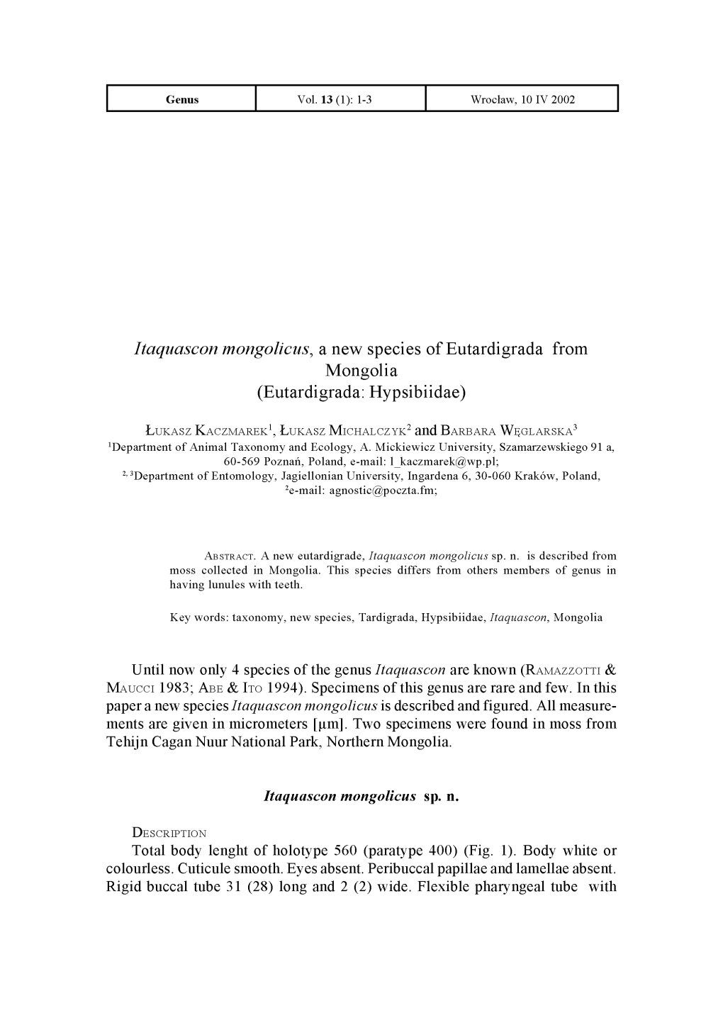 Itaquascon Mongolicus, a New Species of Eutardigrada from Mongolia (Eutardigrada: Hypsibiidae)