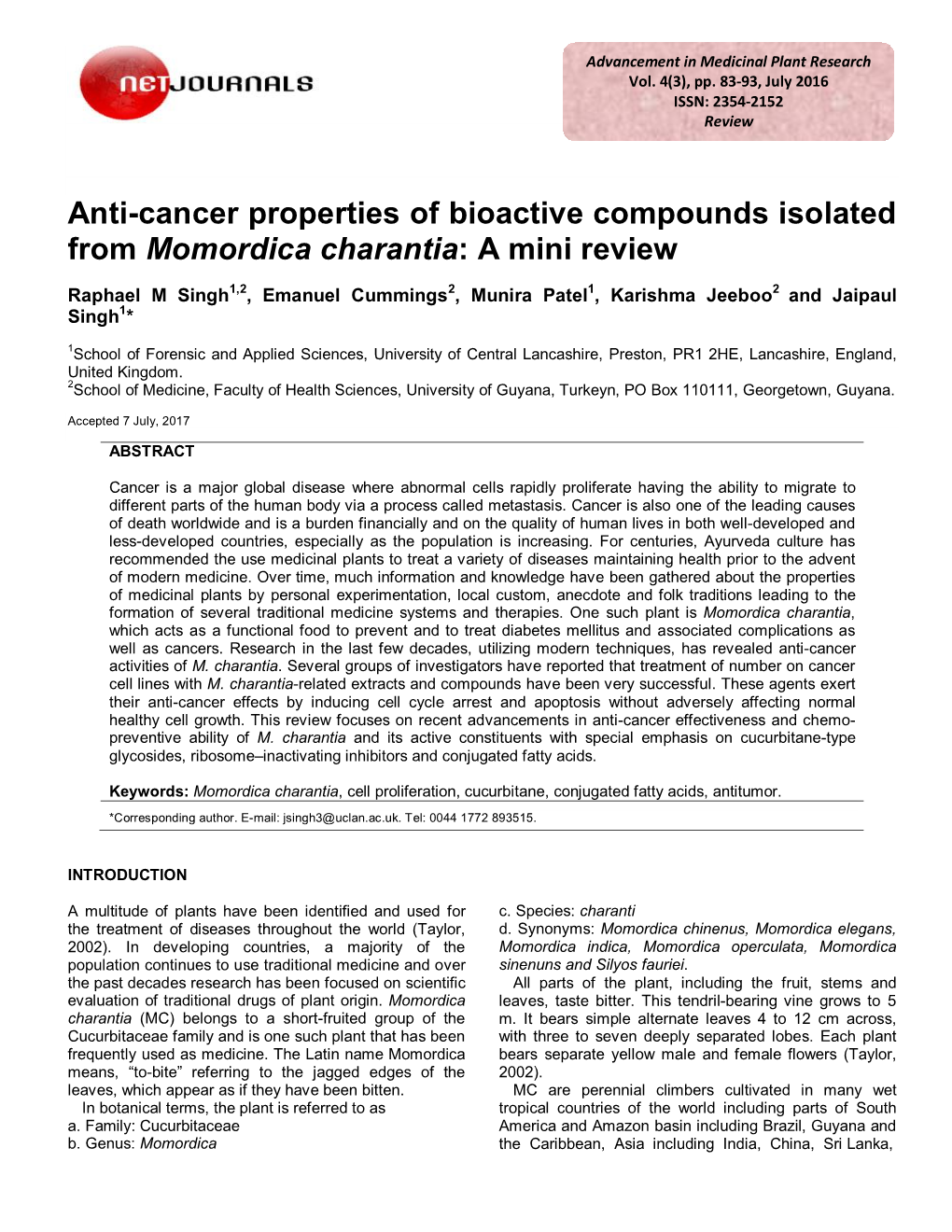 Anti-Cancer Properties of Bioactive Compounds Isolated from Momordica Charantia: a Mini Review