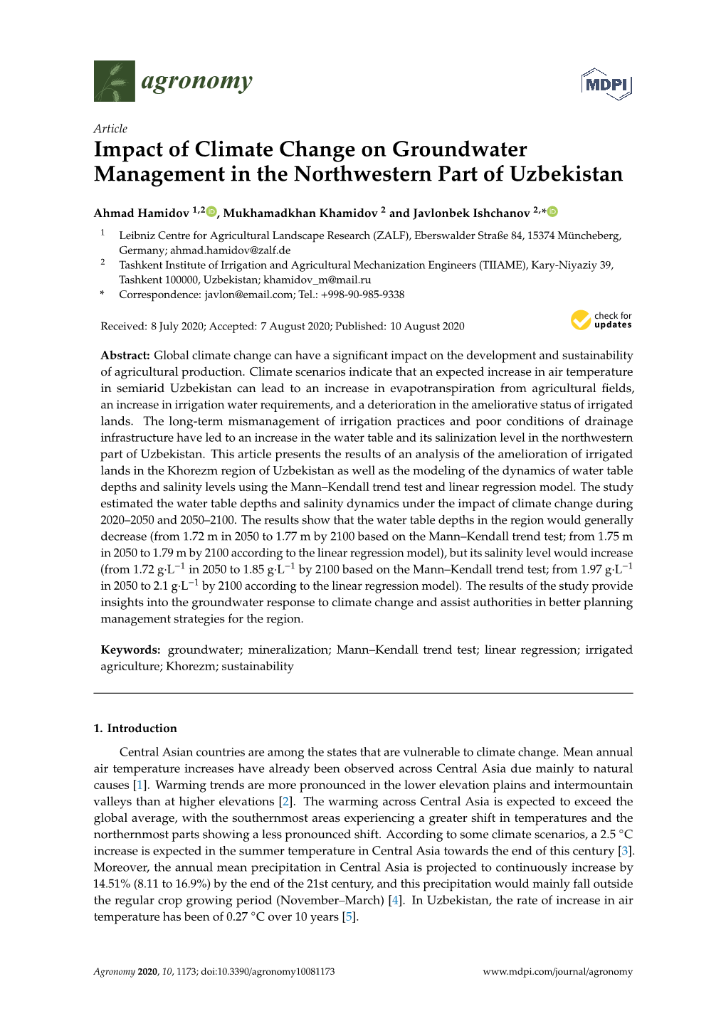 Impact of Climate Change on Groundwater Management in the Northwestern Part of Uzbekistan