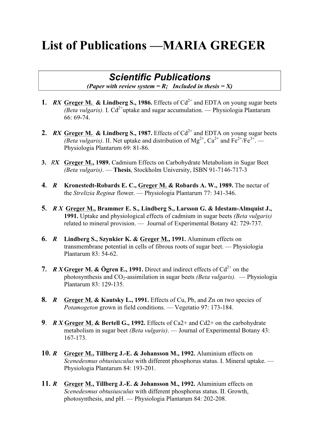 List of Publications —MARIA GREGER