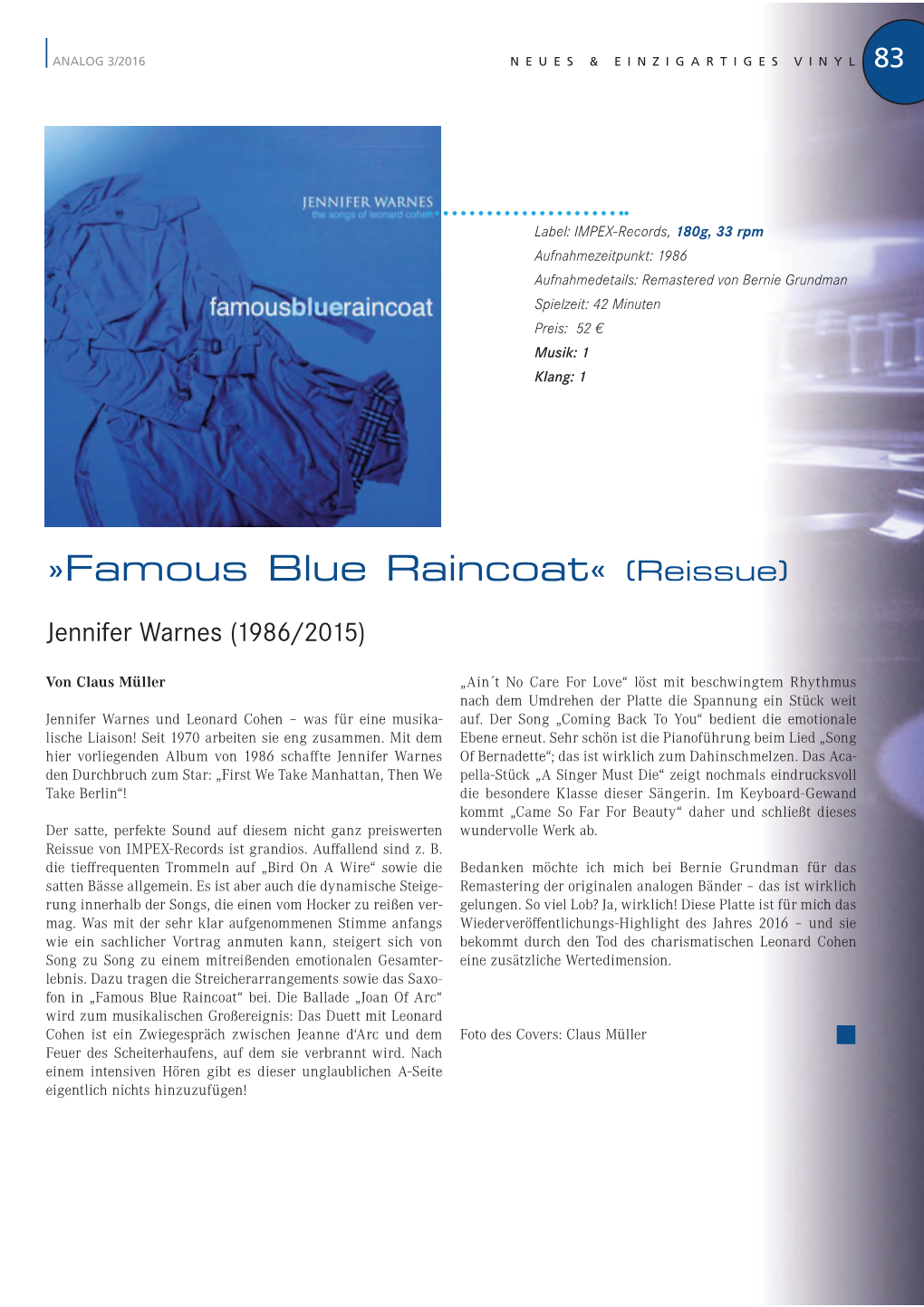 Famous Blue Raincoat« (Reissue)