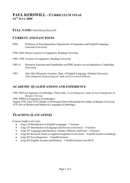 Paul Kerswill – Curriculum Vitae 14Th July 2009