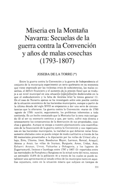 Miseria En La Montaña Navarra: Secuelas De La Guerra Contra La Convención Y Años De Malas Cosechas (1793-1807)