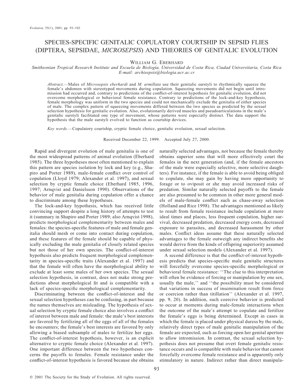 Species-Specific Genitalic Copulatory Courtship in Sepsid Flies (Diptera, Sepsidae, Microsepsis) and Theories of Genitalic Evolution