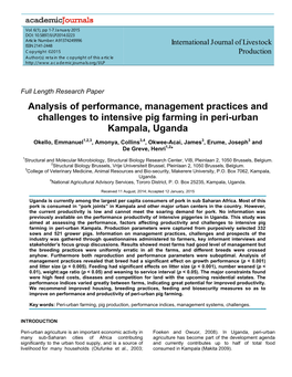 Analysis of Performance, Management Practices and Challenges to Intensive Pig Farming in Peri-Urban Kampala, Uganda