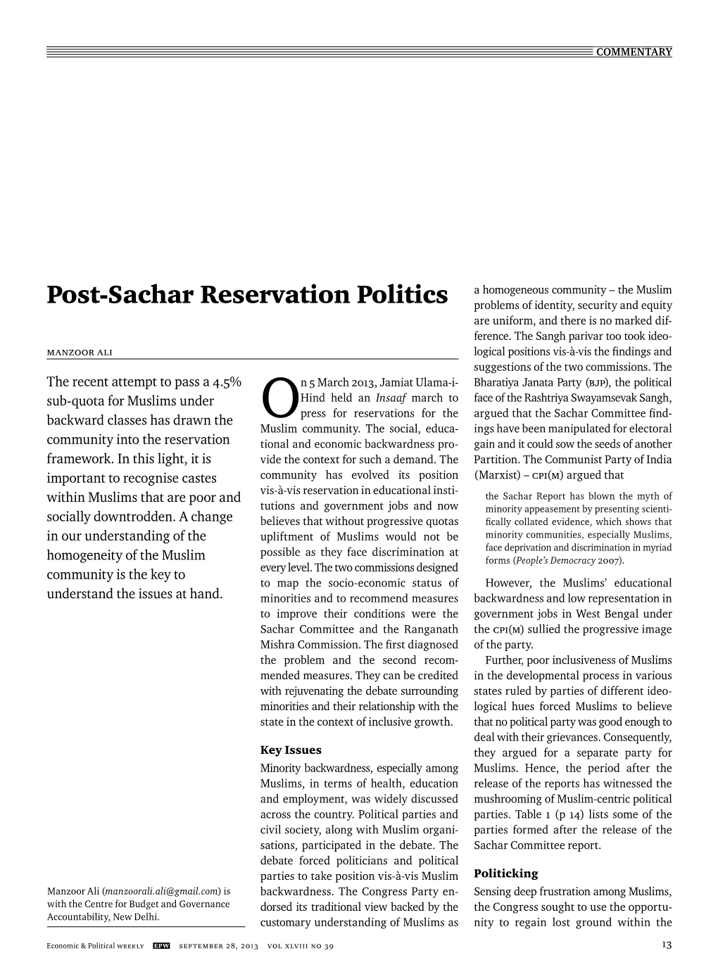 Post-Sachar Reservation Politics Problems of Identity, Security and Equity Are Uniform, and There Is No Marked Dif- Ference