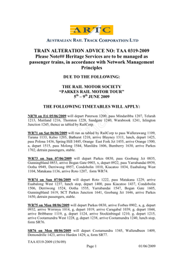 TAA 0319-2009 Please Note## Heritage Services Are to Be Managed As Passenger Trains, in Accordance with Network Management Principles