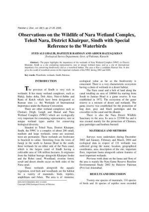 Observations on the Wildlife of Nara Wetland Complex, Tehsil Nara, District Khairpur, Sindh with Special Reference to the Waterbirds