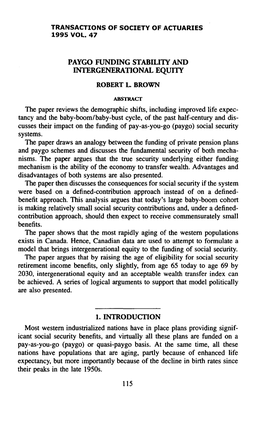 PAYGO FUNDING STABILITY and INTERGENERATIONAL EQUITY the Paper Reviews the Demographic Shifts, Including Improved Life Expec