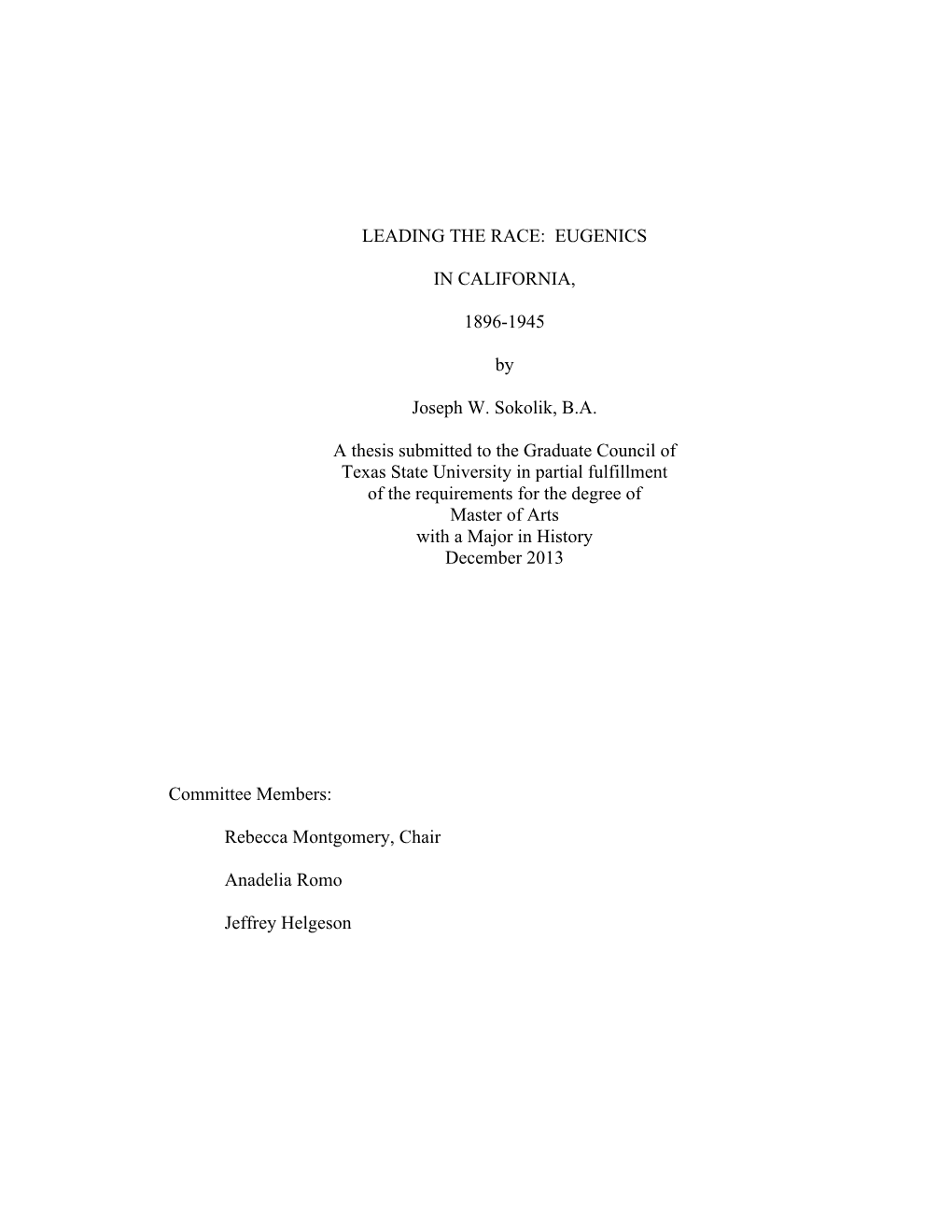 EUGENICS in CALIFORNIA, 1896-1945 by Joseph W. Sokolik