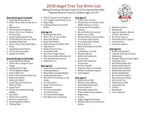 2018 Angel Tree Toy Drive List