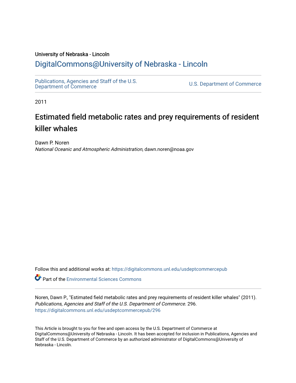 Estimated Field Metabolic Rates and Prey Requirements of Resident Killer