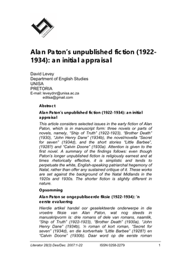 Alan Paton's Unpublished Fiction (1922- 1934): an Initial Appraisal