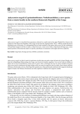 Aphyosemion Teugelsi (Cyprinodontiformes: Nothobranchiidae), a New Species from a Remote Locality in the Southern Democratic Republic of the Congo