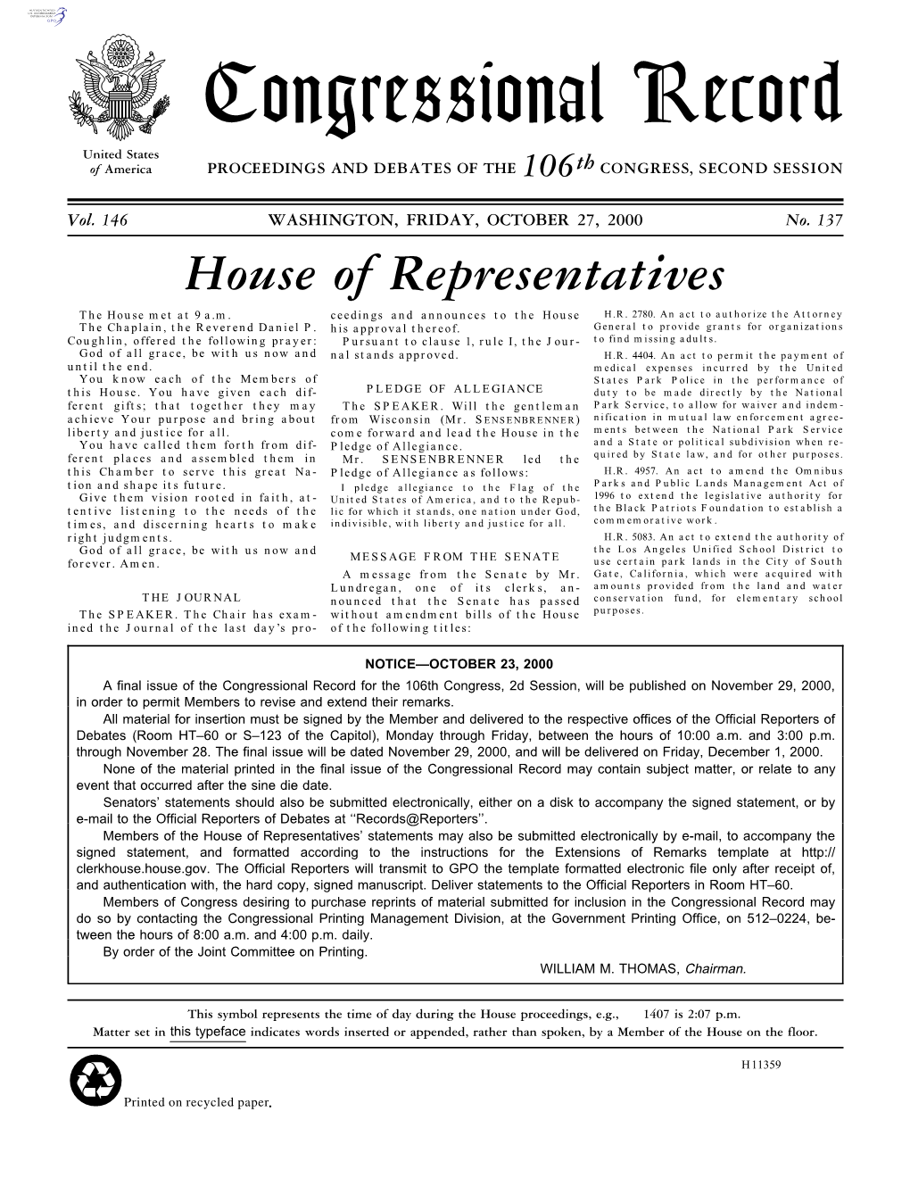 Congressional Record United States of America PROCEEDINGS and DEBATES of the 106Th CONGRESS, SECOND SESSION