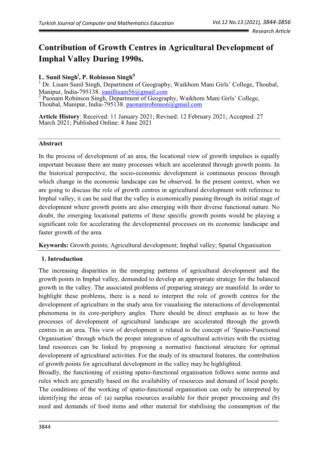 Contribution of Growth Centres in Agricultural Development of Imphal Valley During 1990S