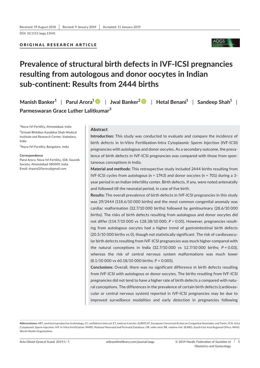 Prevalence of Structural Birth Defects in IVF-ICSI Pregnancies Resulting from Autologous and Donor Oocytes in Indian Sub-Continent: Results from 2444 Births