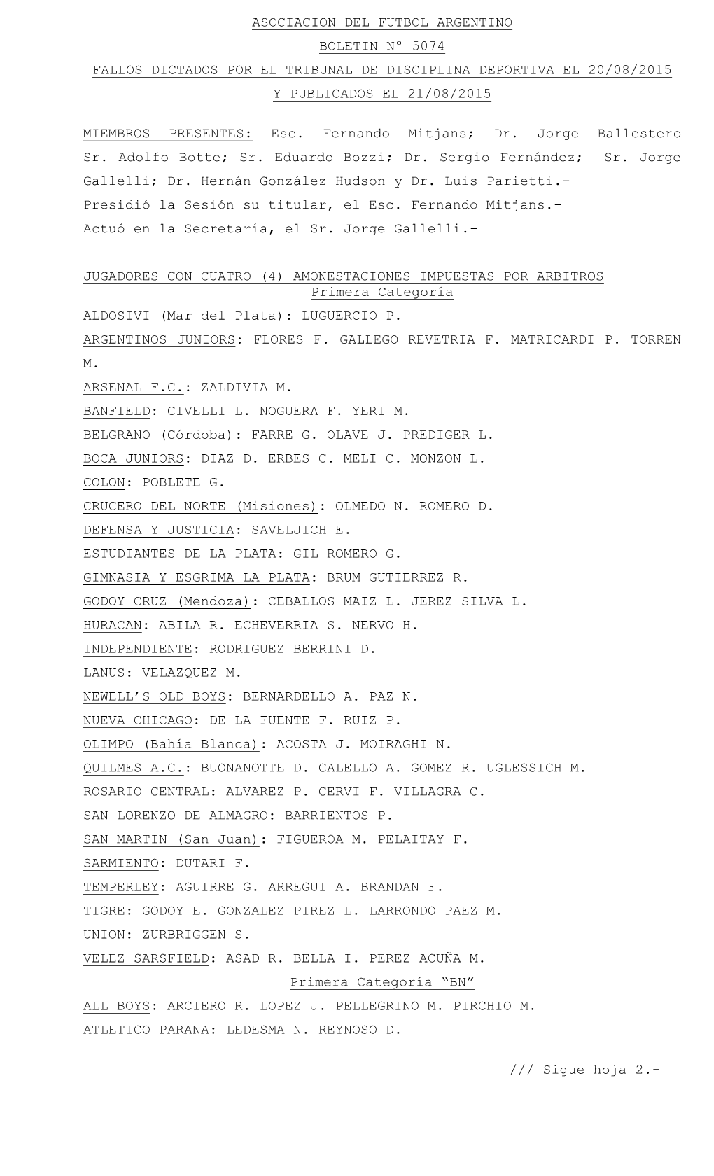 Sigue Hoja 2.- ASOCIACION DEL FUTBOL ARGENTINO BOLETIN Nº