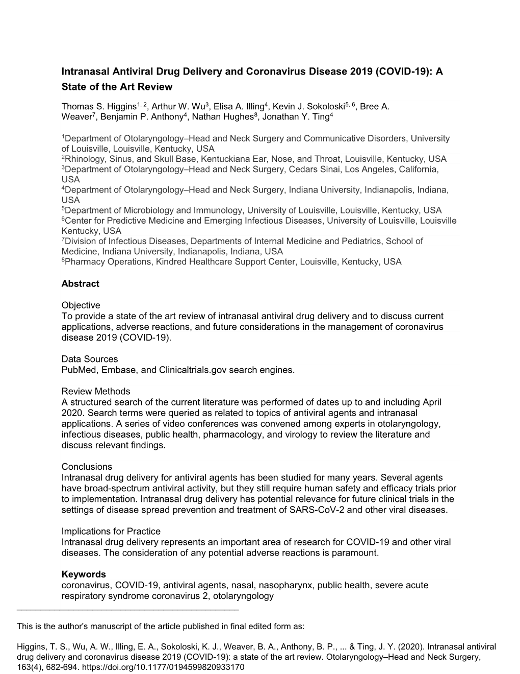 Intranasal Antiviral Drug Delivery and Coronavirus Disease 2019 (COVID-19): a State of the Art Review