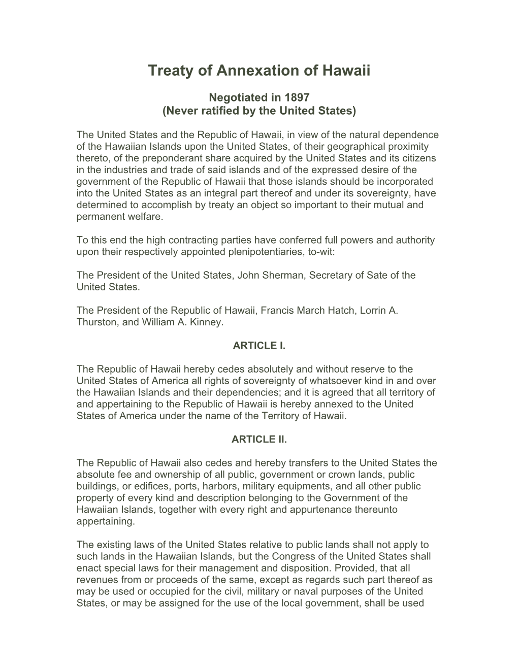 Treaty of Annexation of Hawaii