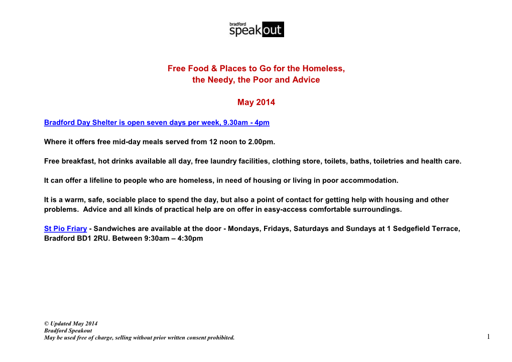 Free Food & Places to Go for the Homeless, the Needy, the Poor And