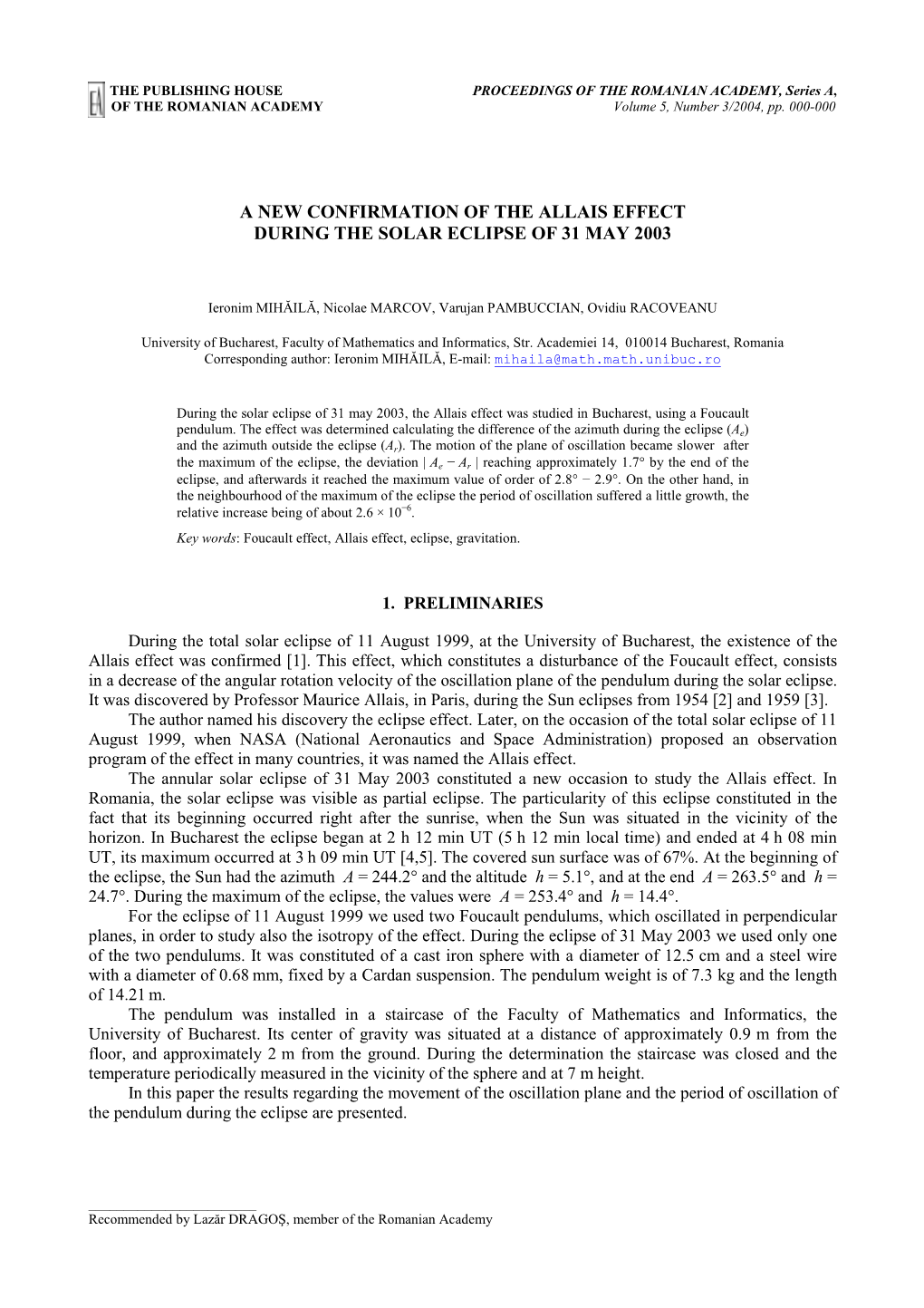 A New Confirmation of the Allais Effect During the Solar Eclipse of 31 May 2003