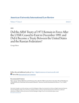 Did the ABM Treaty of 1972 Remain in Force After the USSR Ceased To