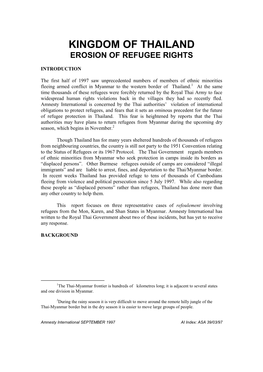 Kingdom of Thailand Erosion of Refugee Rights