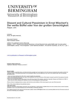 University of Birmingham Dissent and Cultural Pessimism in Ernst Wiechert's Der Weiße Büffel Oder Von Der Großen Gerechtigk