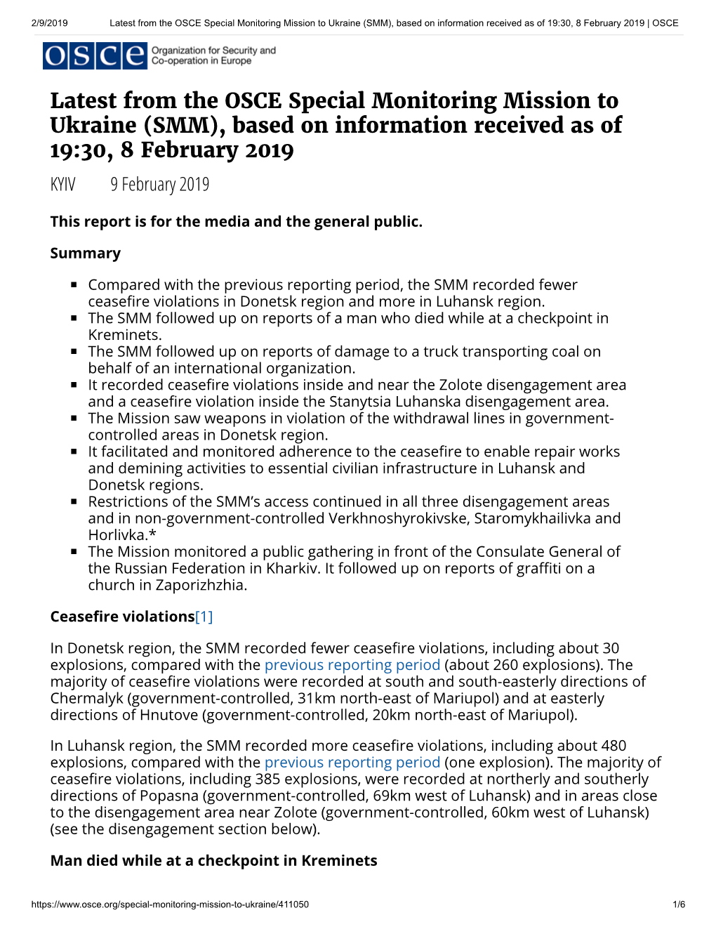 Latest from the OSCE Special Monitoring Mission to Ukraine (SMM), Based on Information Received As of 19:30, 8 February 2019 | OSCE