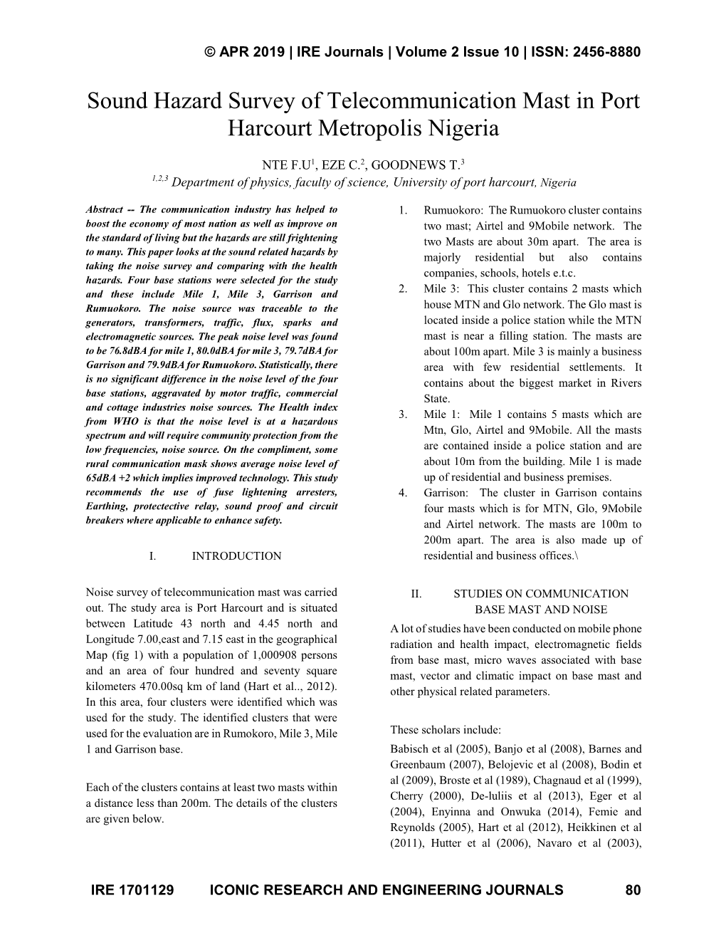 Sound Hazard Survey of Telecommunication Mast in Port Harcourt Metropolis Nigeria