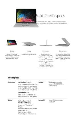 Surface Book 2 Tech Specs