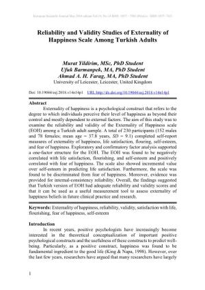 Reliability and Validity Studies of Externality of Happiness Scale Among Turkish Adults