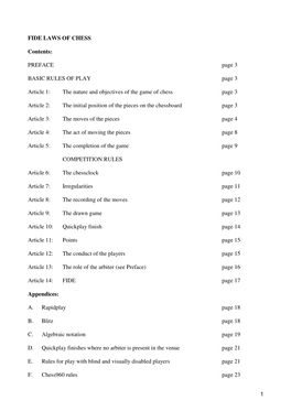 1 FIDE LAWS of CHESS Contents: PREFACE Page 3 BASIC RULES