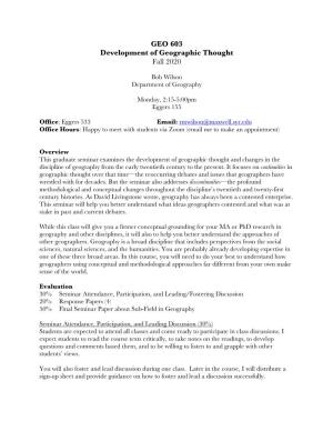 GEO 603 Development of Geographic Thought Fall 2020
