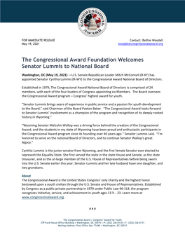 The Congressional Award Foundation Welcomes Senator Lummis to National Board