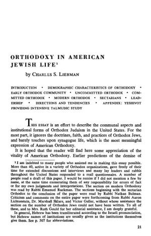 Orthodoxy in American Jewish Life1