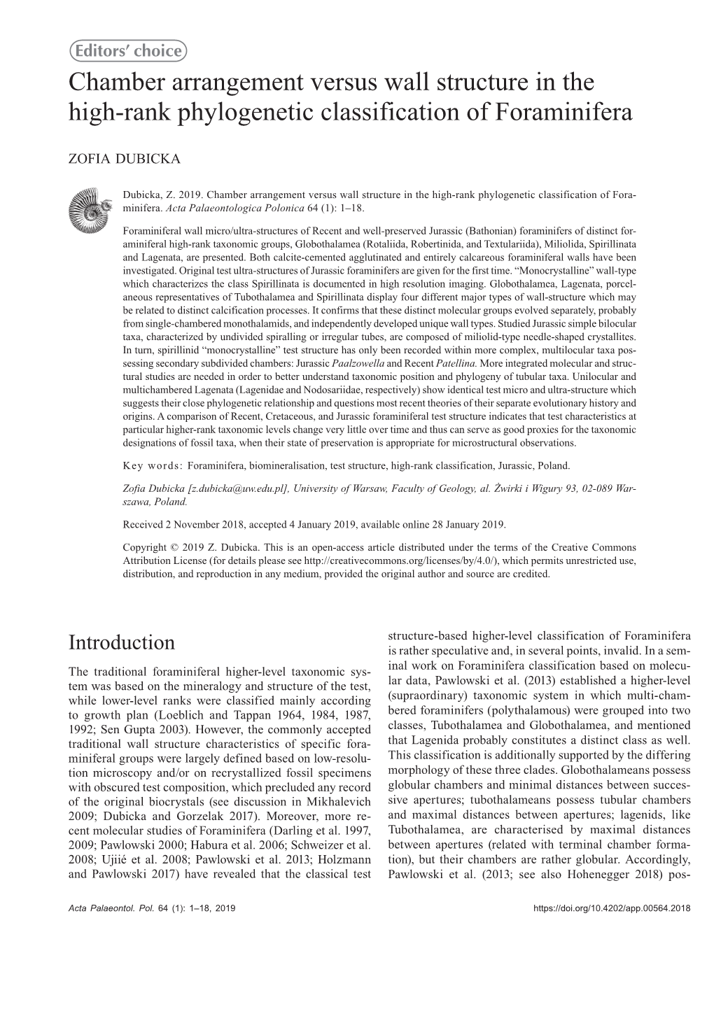 Chamber Arrangement Versus Wall Structure in the High-Rank Phylogenetic Classification of Foraminifera