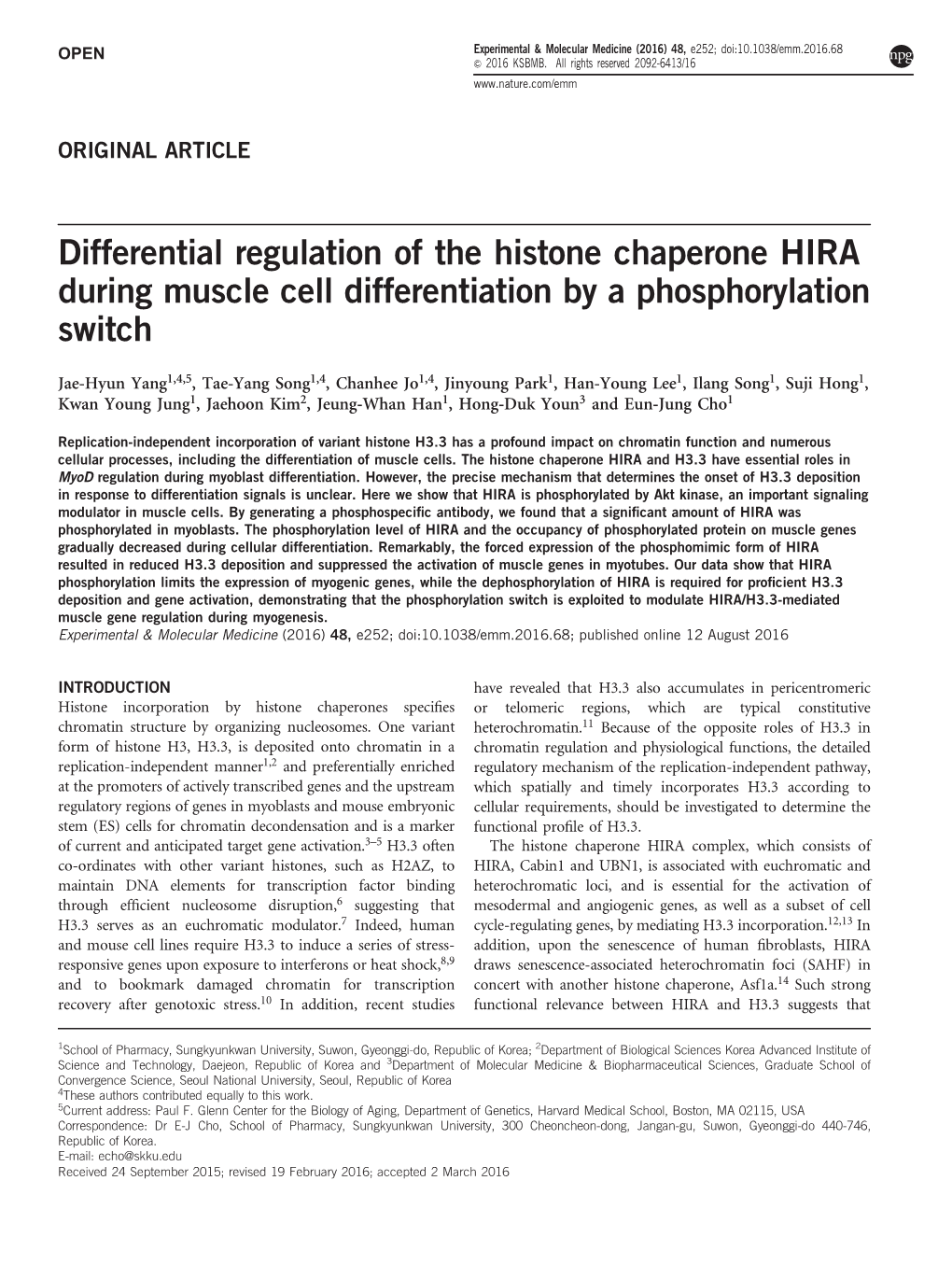 Differential Regulation of the Histone Chaperone HIRA During Muscle Cell Differentiation by a Phosphorylation Switch