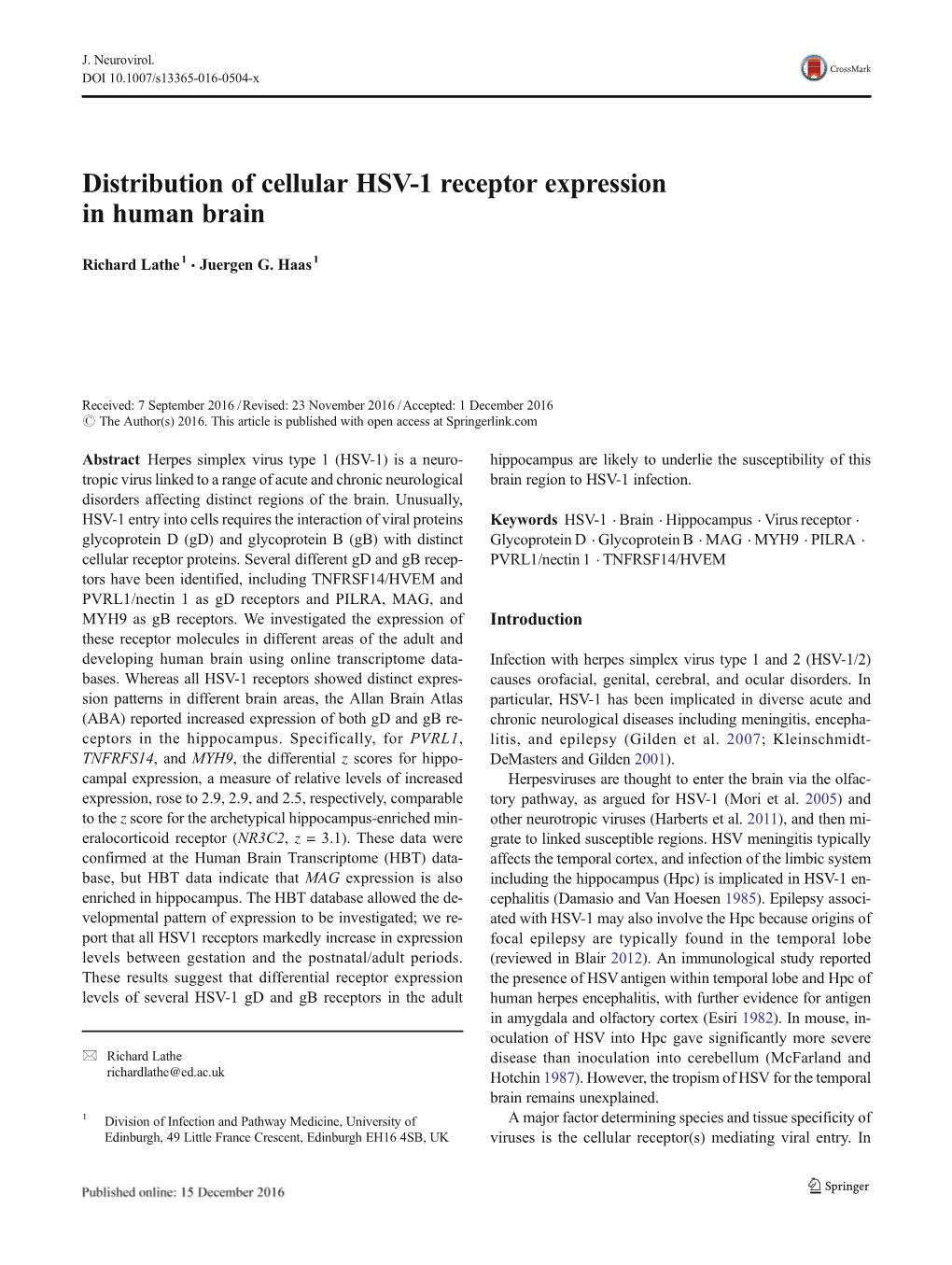 Distribution of Cellular HSV-1 Receptor Expression in Human Brain