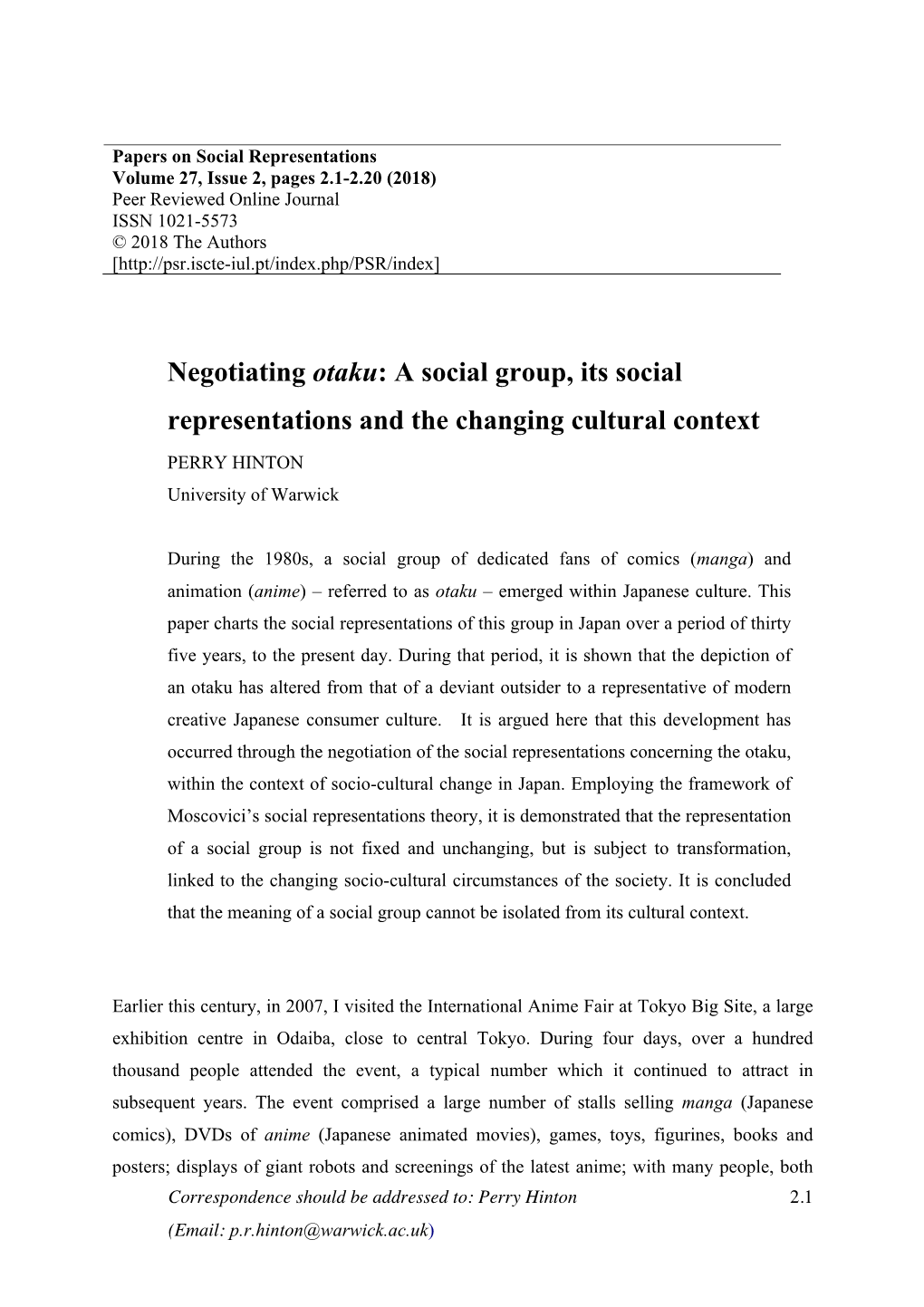 Negotiating Otaku: a Social Group, Its Social Representations and the Changing Cultural Context