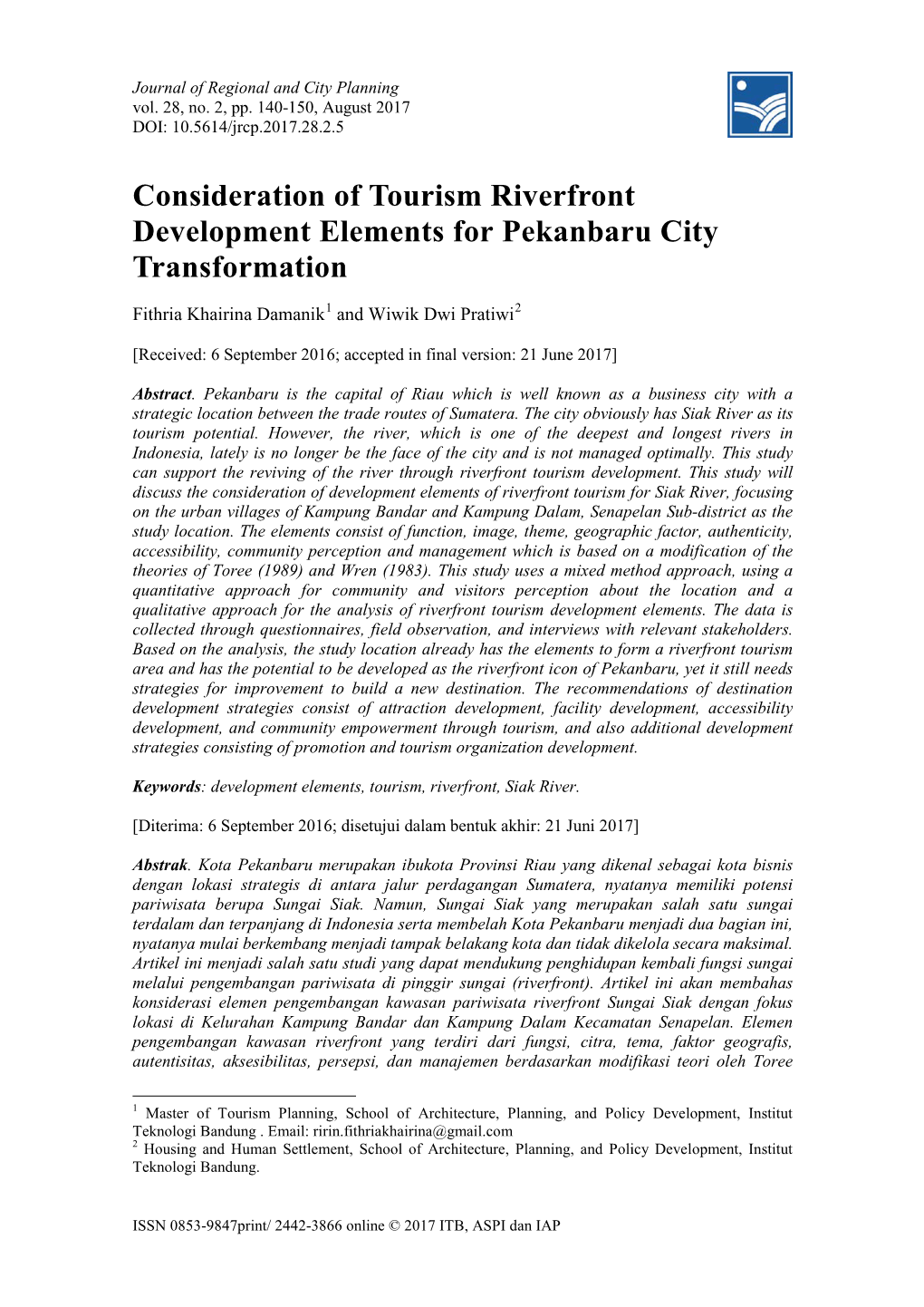 Consideration of Tourism Riverfront Development Elements for Pekanbaru City Transformation