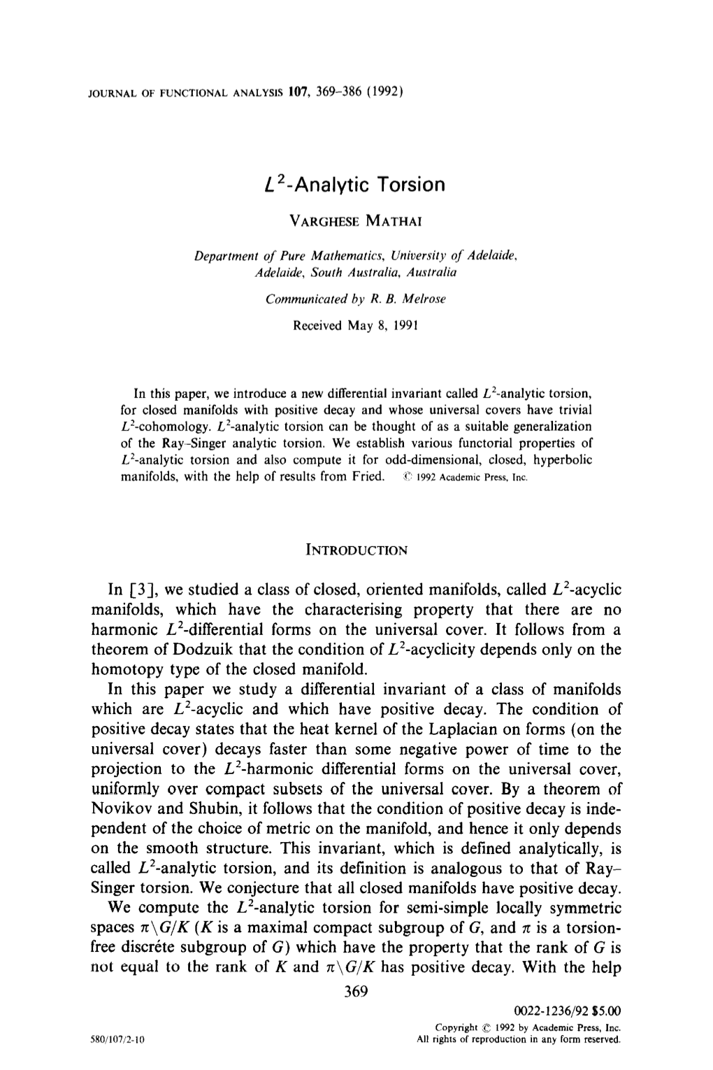 L2-Analytic Torsion