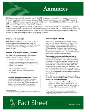Fact Sheet Explains Life Annuities, One of the TSP Withdrawal Options After You Separate from Service Or Have a Beneficiary Participant Account Established