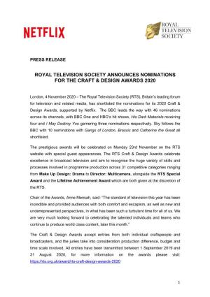 RTS Announces Nominations for the Craft