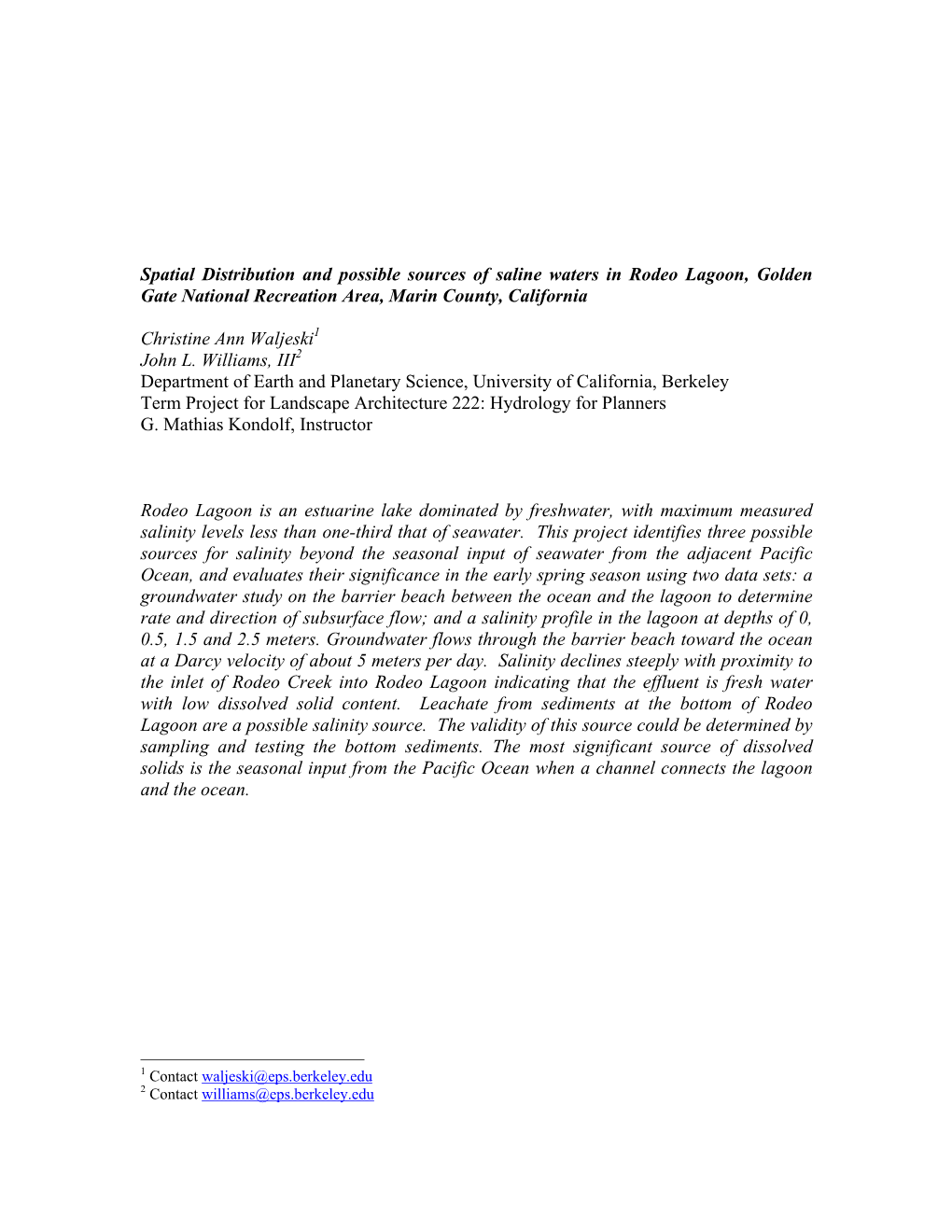 Spatial Distribution and Possible Sources of Saline Waters in Rodeo Lagoon, Golden Gate National Recreation Area, Marin County, California