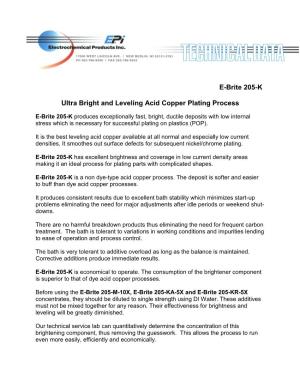 E-Brite 205-K Ultra Bright and Leveling Acid Copper Plating Process