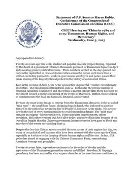 Statement of U.S. Senator Marco Rubio, Cochairman of the Congressional- Executive Commission on China (CECC)