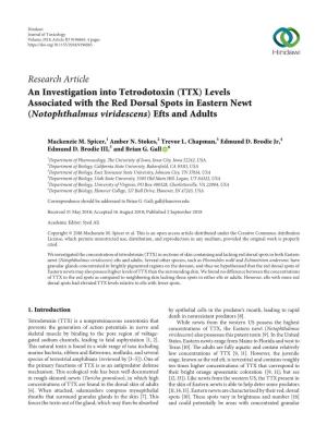 An Investigation Into Tetrodotoxin (TTX) Levels Associated with the Red Dorsal Spots in Eastern Newt (Notophthalmus Viridescens)Eftsandadults